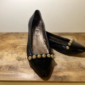 AGL Black Leather Flats with Gold Studs